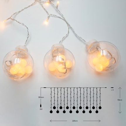 Tenda luminosa di Natale Eurolamp con LED bianco caldo in sfere trasparenti, dettaglio delle sfere accese e schema della tenda 220 × 113 cm