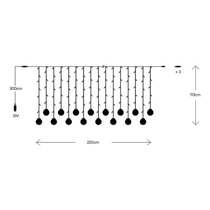 Schema della tenda luminosa di Natale 220 × 113 cm con 10 fili pendenti e cavo di alimentazione da 3 m