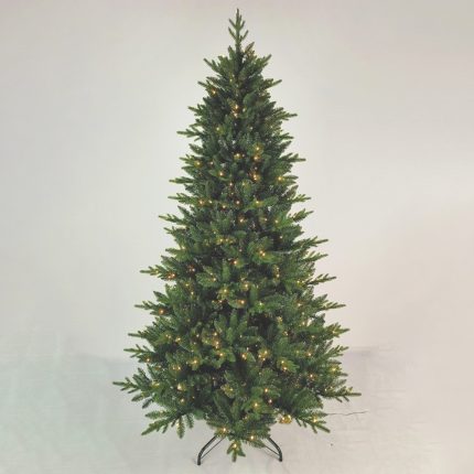 Albero di Natale preilluminato Valia Calda alto 225 cm con luci LED accese a luce calda, su supporto a croce in metallo